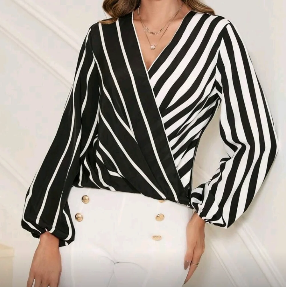 Black & White striped color block faux wrap spring blouse - Picture 6 of 8